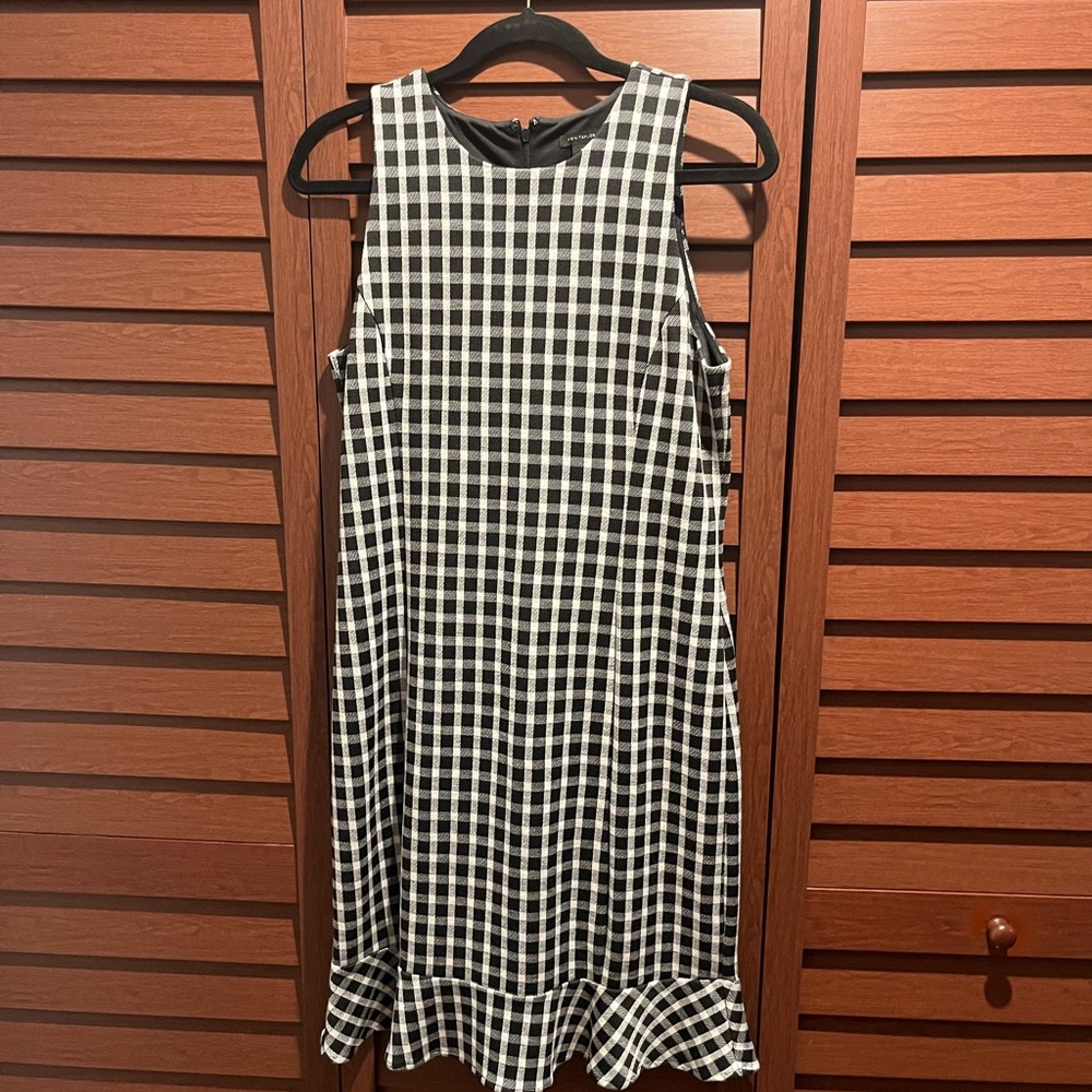 Ann Taylor Black and White Gingham Midi Dress with Ruffle Hem